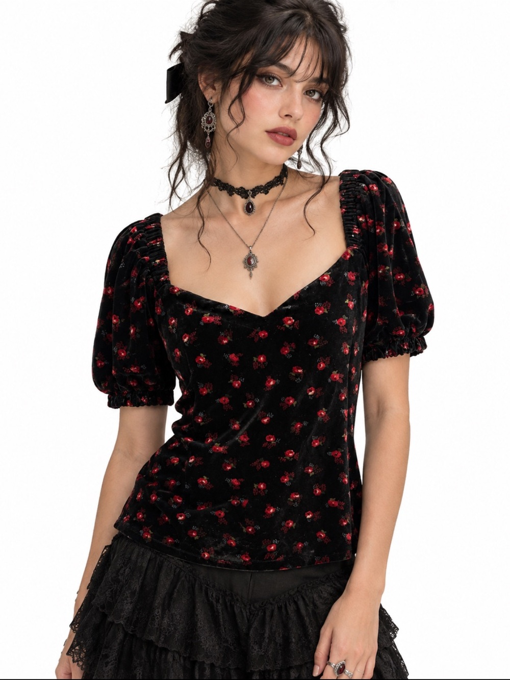 LOFT Black Velvet Puff-Sleeve Top with Pink Dot Print